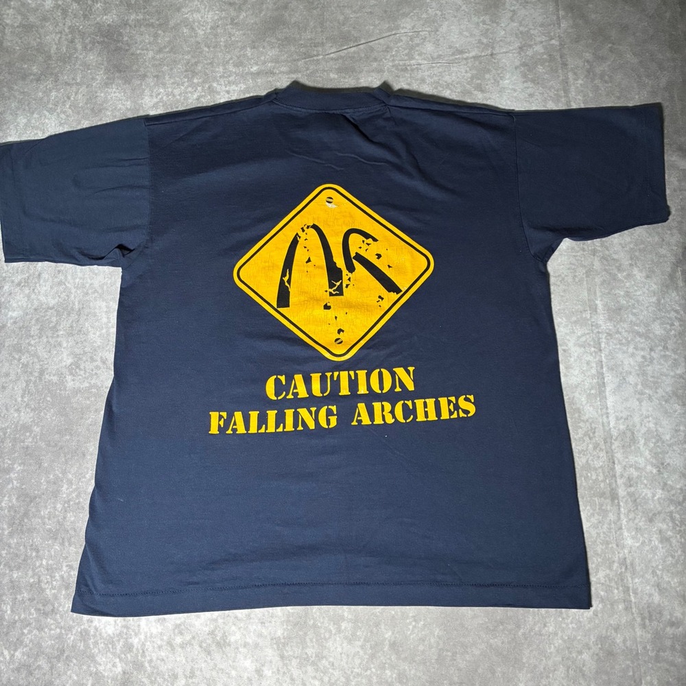 Vintage 90s Burger King Caution Falling Arches XL Navy Blue Parody tee funny